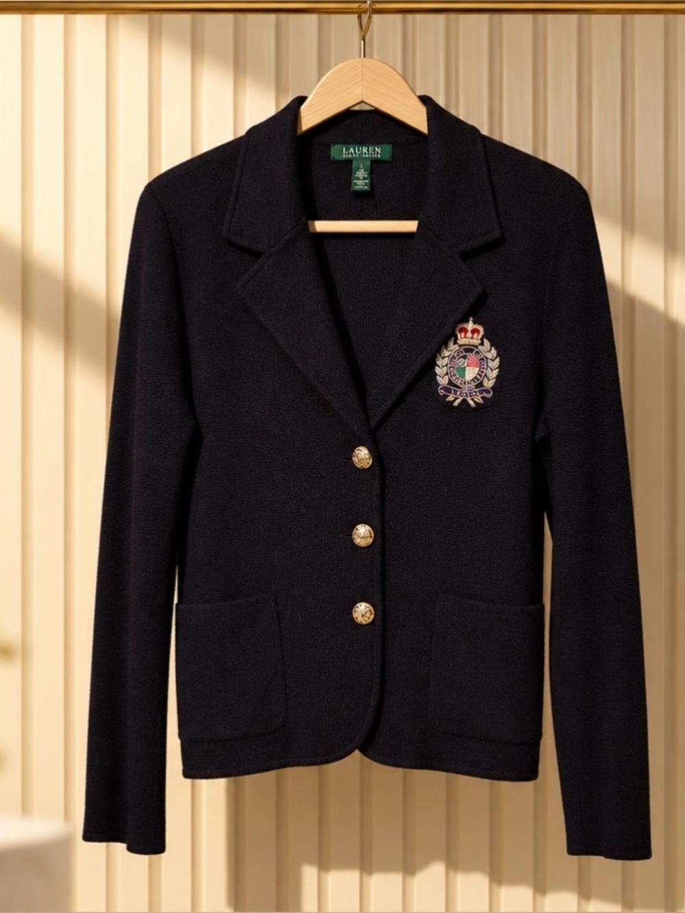 Lauren Ralph Lauren Navy Knit Blazer Embroidered Silver Crest Blazer Sz L